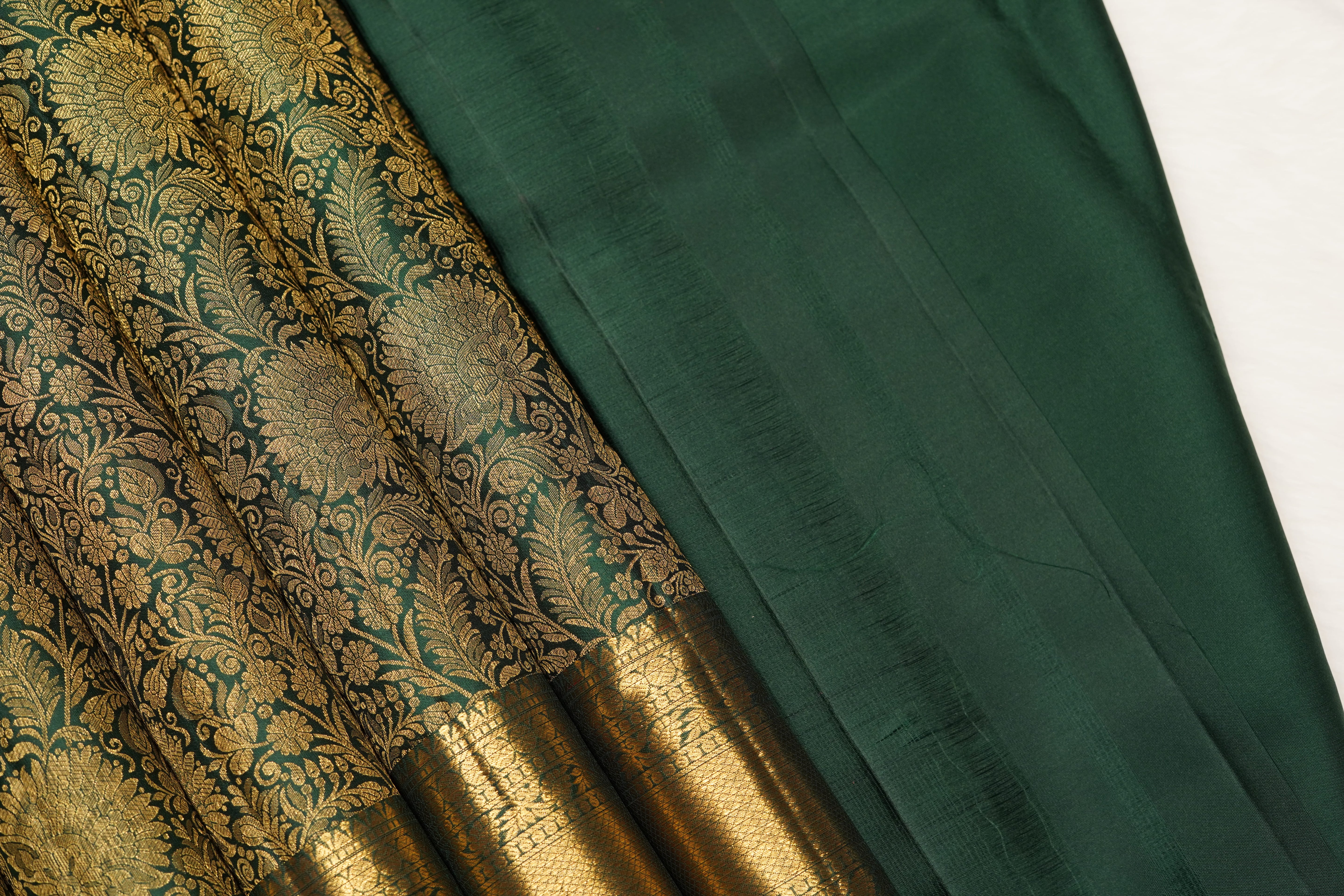Emerald Green Pure Silk Saree with Rich Floral Jacquard Weave and Grand Gold Zari Border