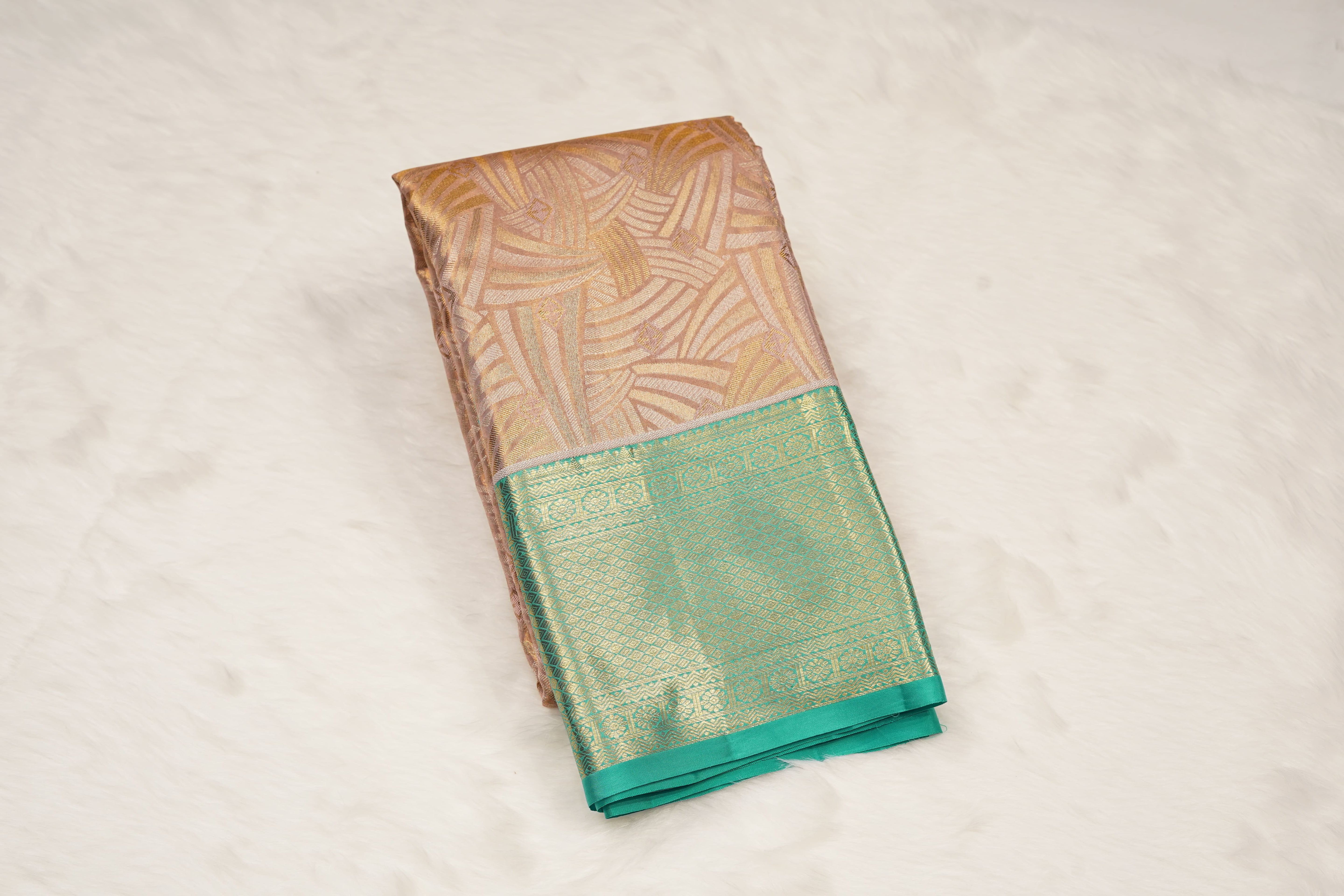Peach & Sea Green Pure Silk Saree with Geometric Jacquard Body and Rich Zari Border