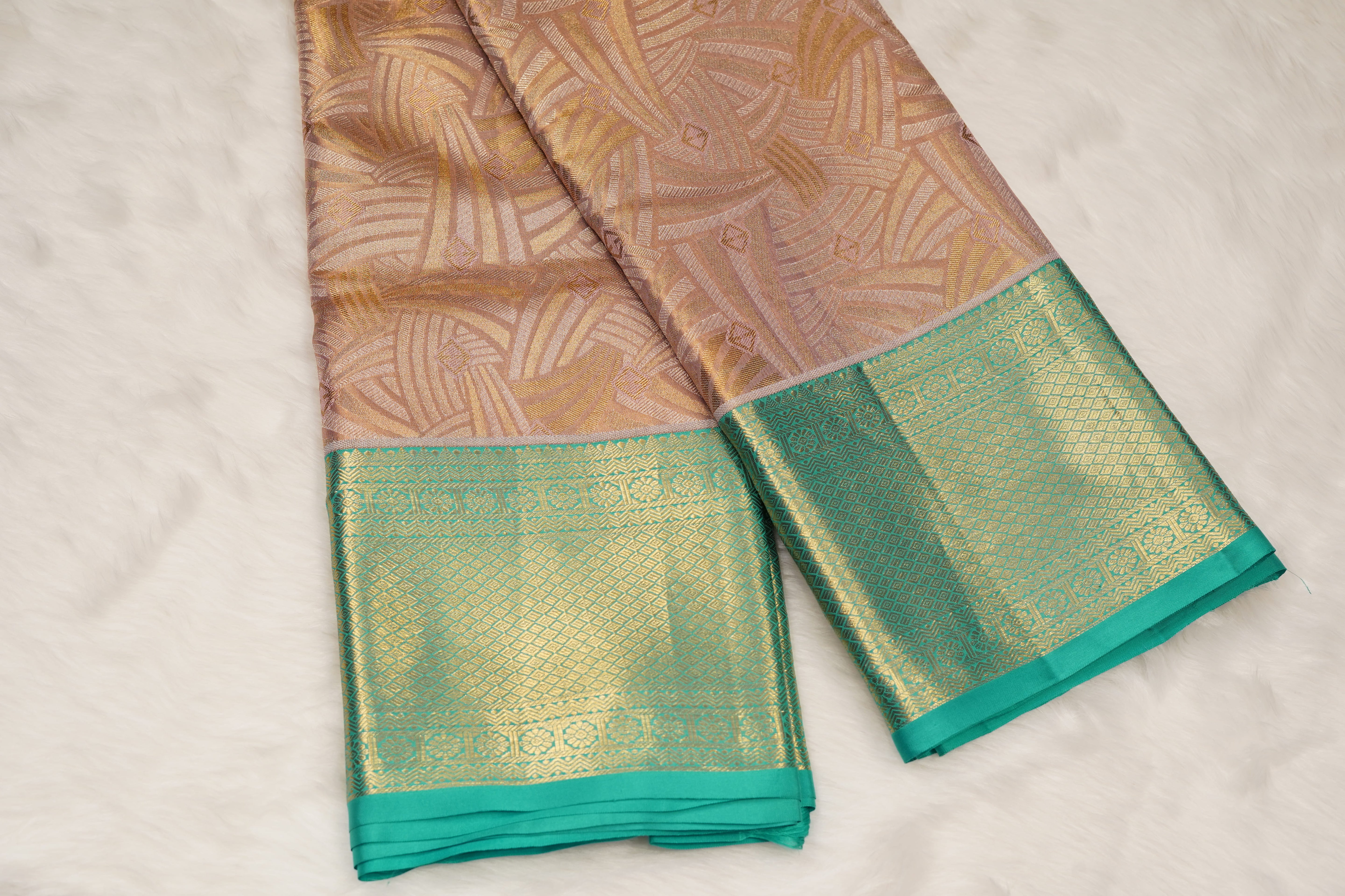 Peach & Sea Green Pure Silk Saree with Geometric Jacquard Body and Rich Zari Border