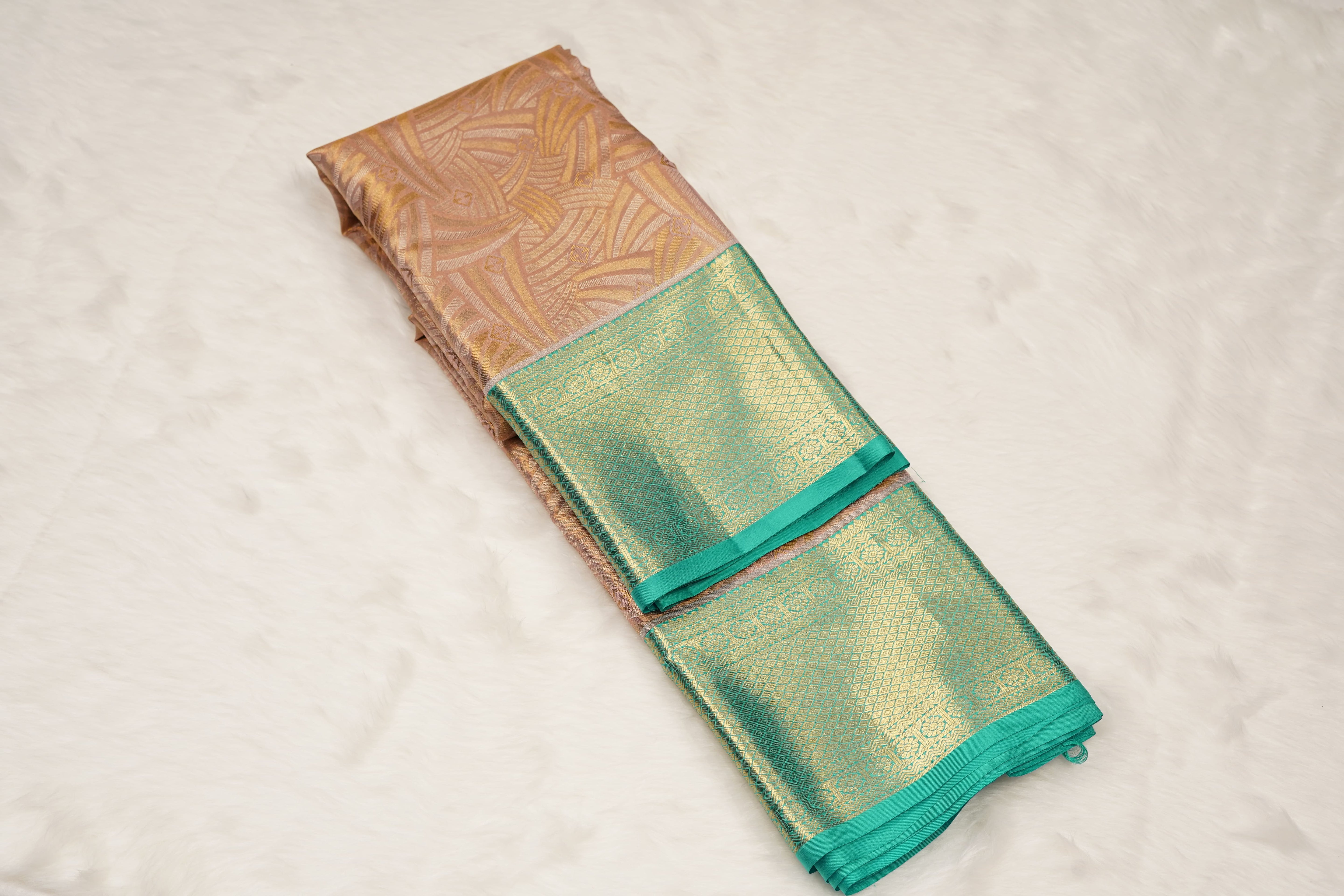 Peach & Sea Green Pure Silk Saree with Geometric Jacquard Body and Rich Zari Border