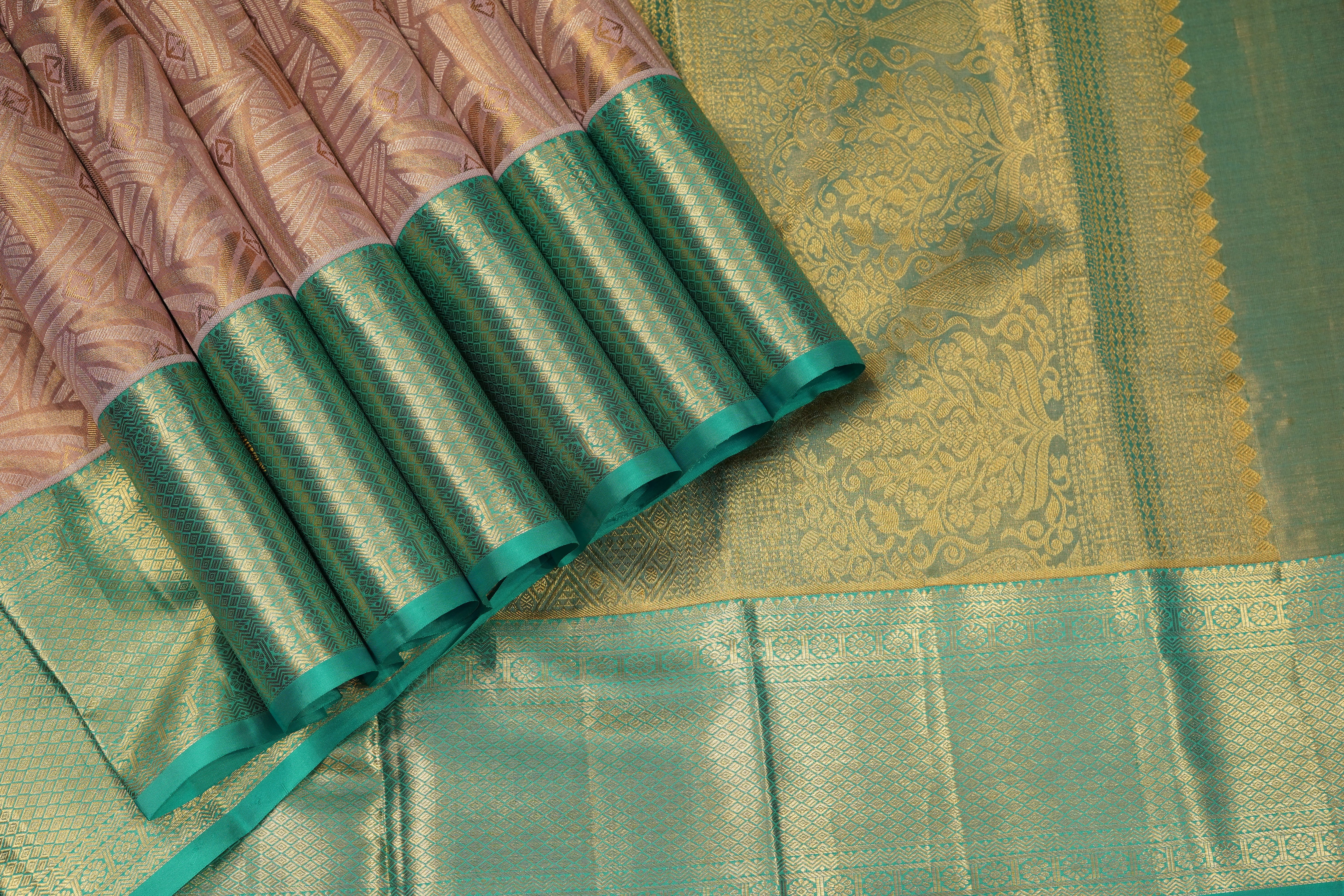 Peach & Sea Green Pure Silk Saree with Geometric Jacquard Body and Rich Zari Border