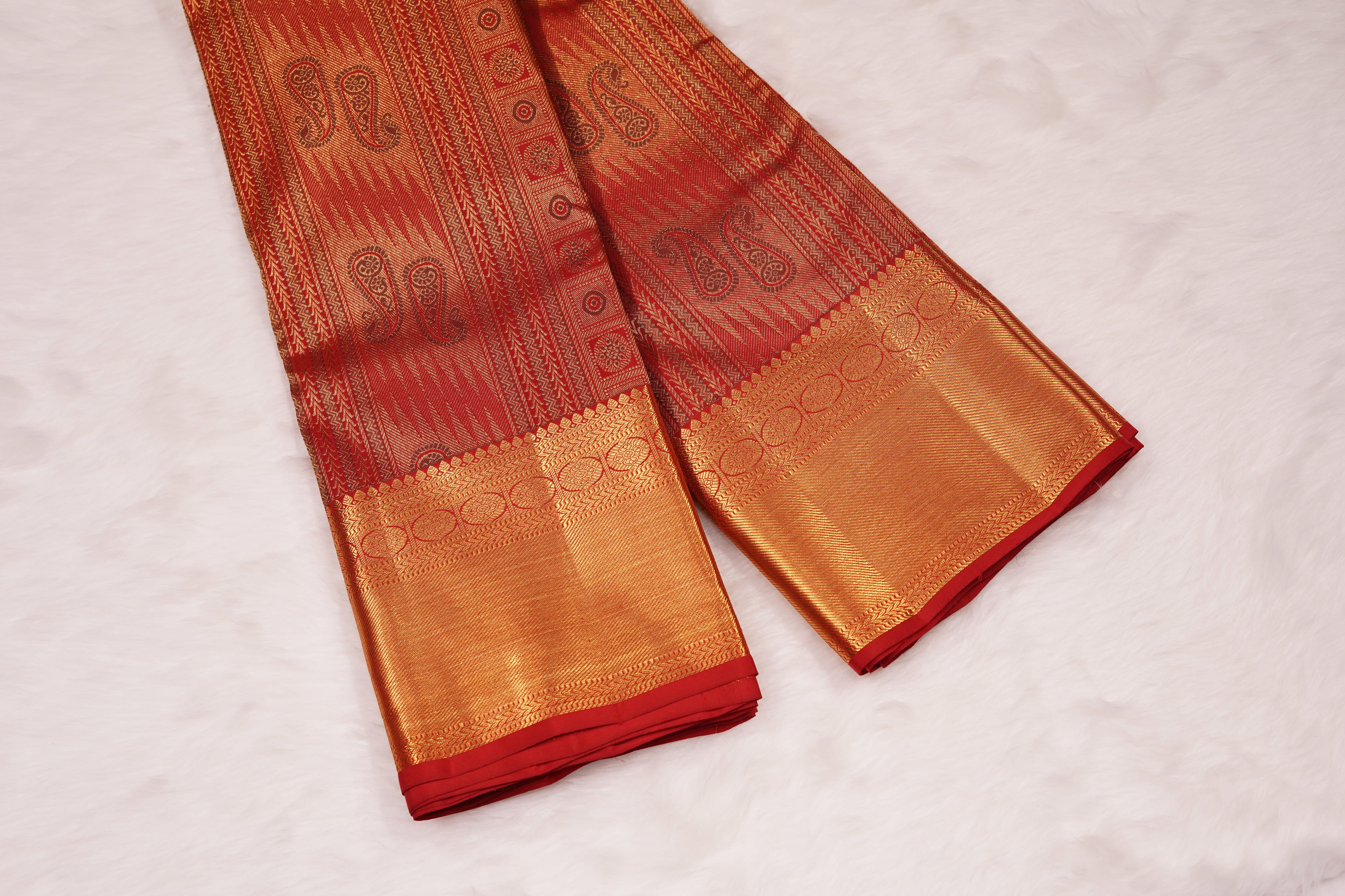 Red Pure Silk Saree with Intricate Paisley Zari Weave and Grand Traditional Border