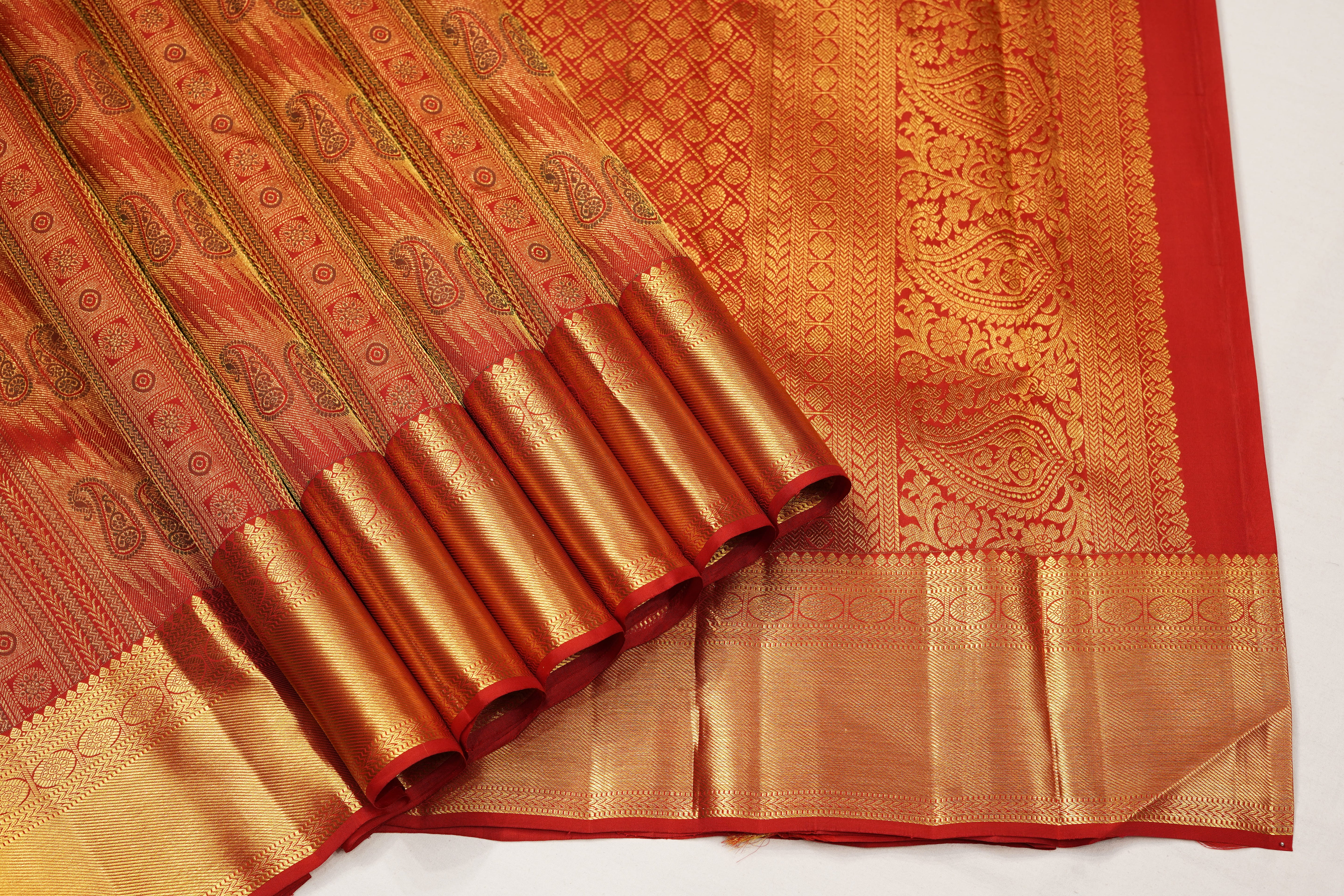 Red Pure Silk Saree with Intricate Paisley Zari Weave and Grand Traditional Border