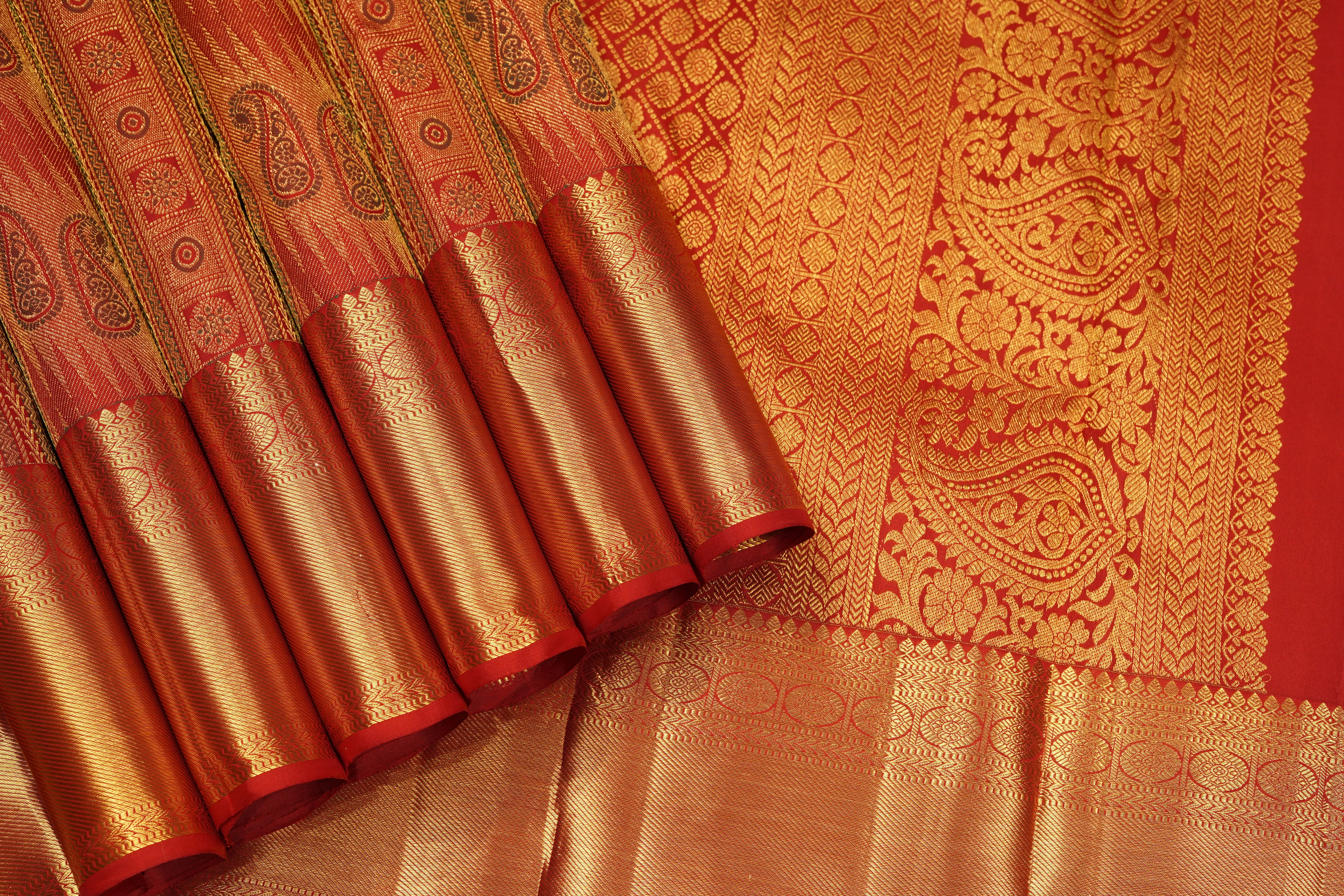 Red Pure Silk Saree with Intricate Paisley Zari Weave and Grand Traditional Border