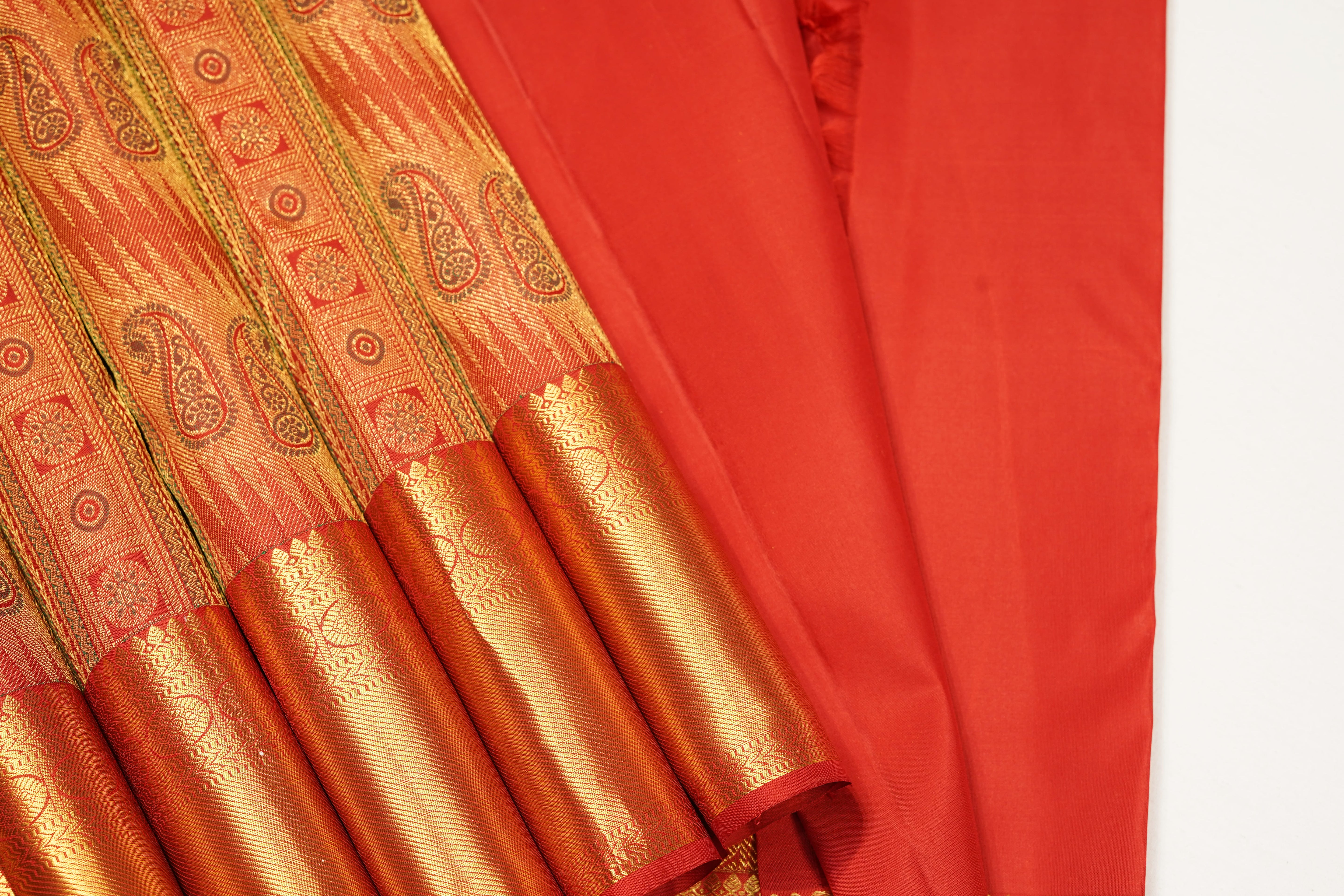 Red Pure Silk Saree with Intricate Paisley Zari Weave and Grand Traditional Border