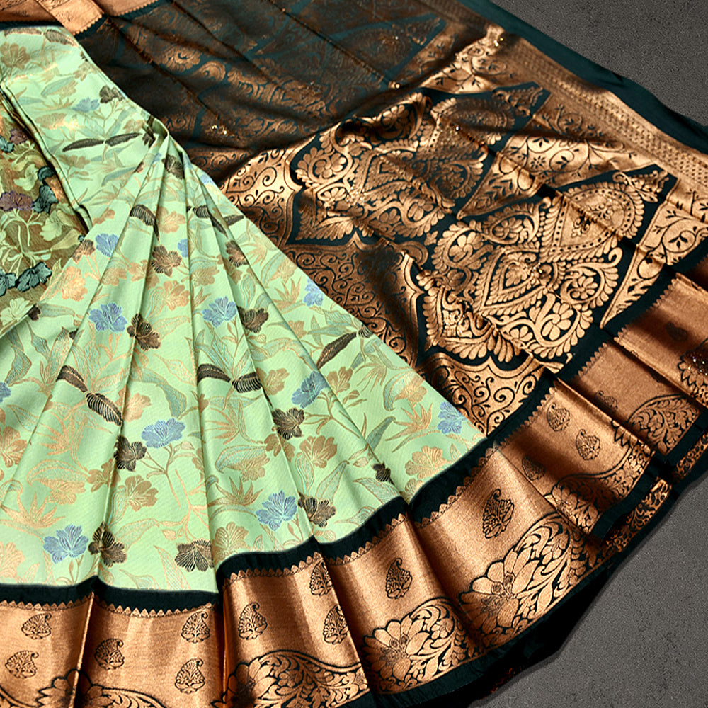 Dark Teal and Copper Art Silk Pattu Saree with Stone Work