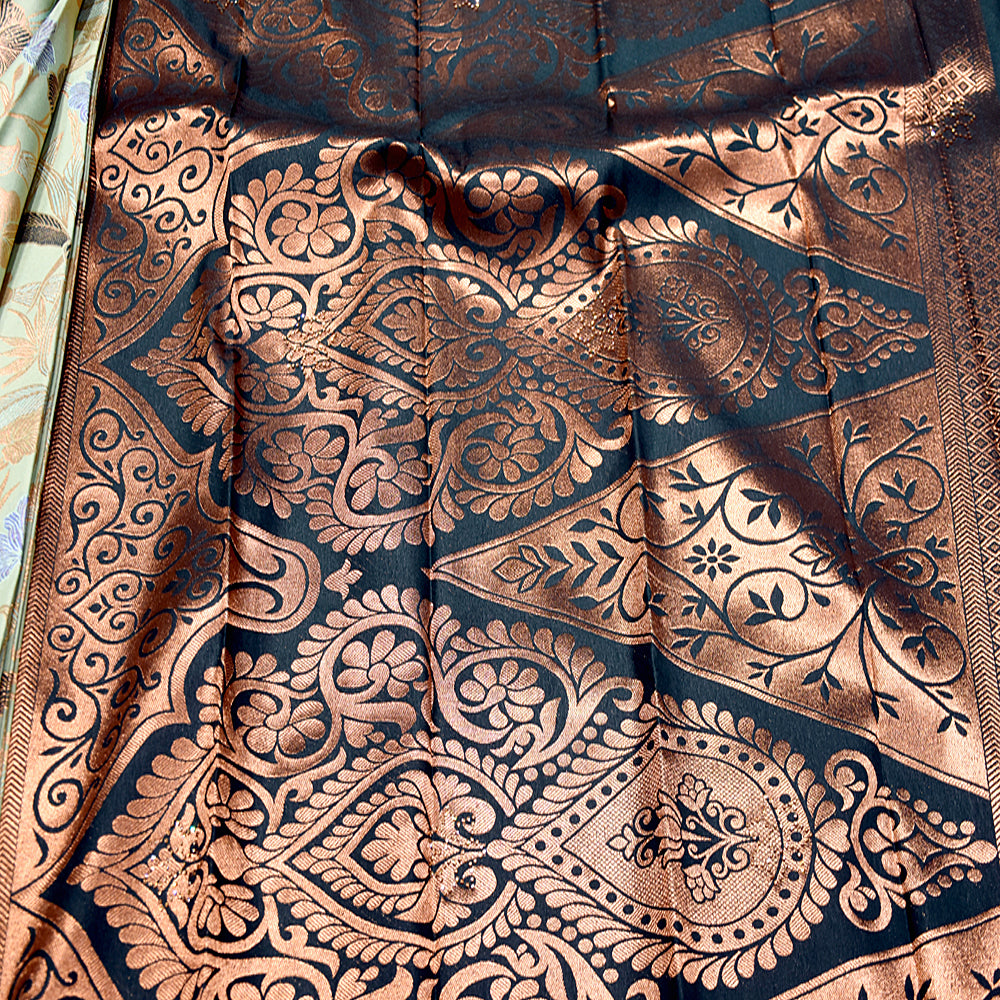 Dark Teal and Copper Art Silk Pattu Saree with Stone Work