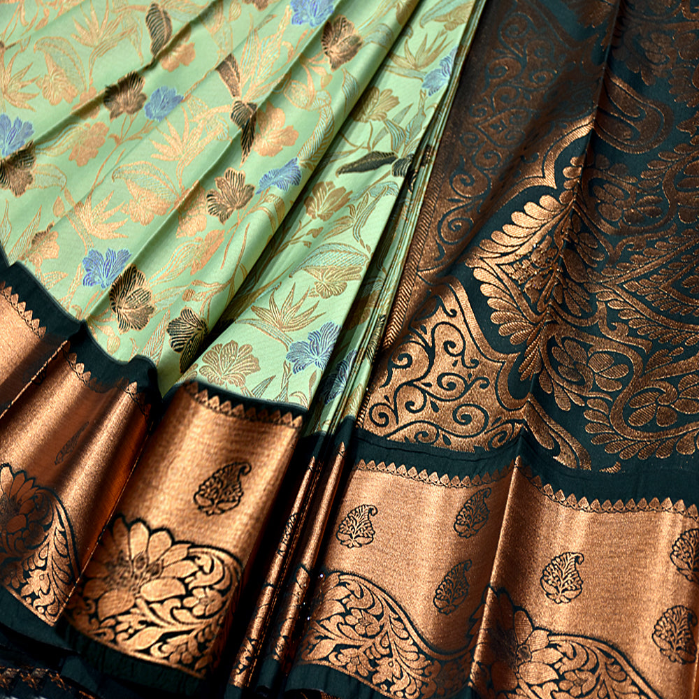 Dark Teal and Copper Art Silk Pattu Saree with Stone Work