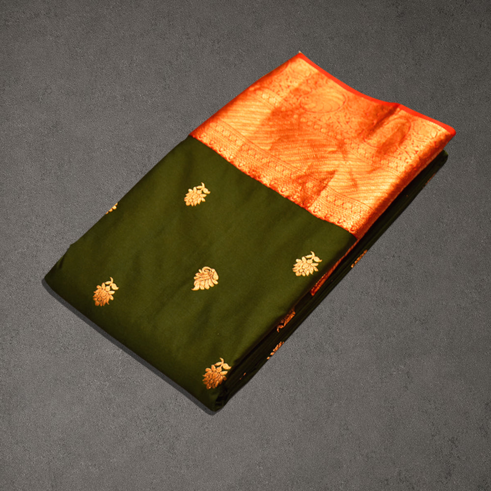 Dark Green Semi Silk Saree with Gold Buttas and Copper Zari Border