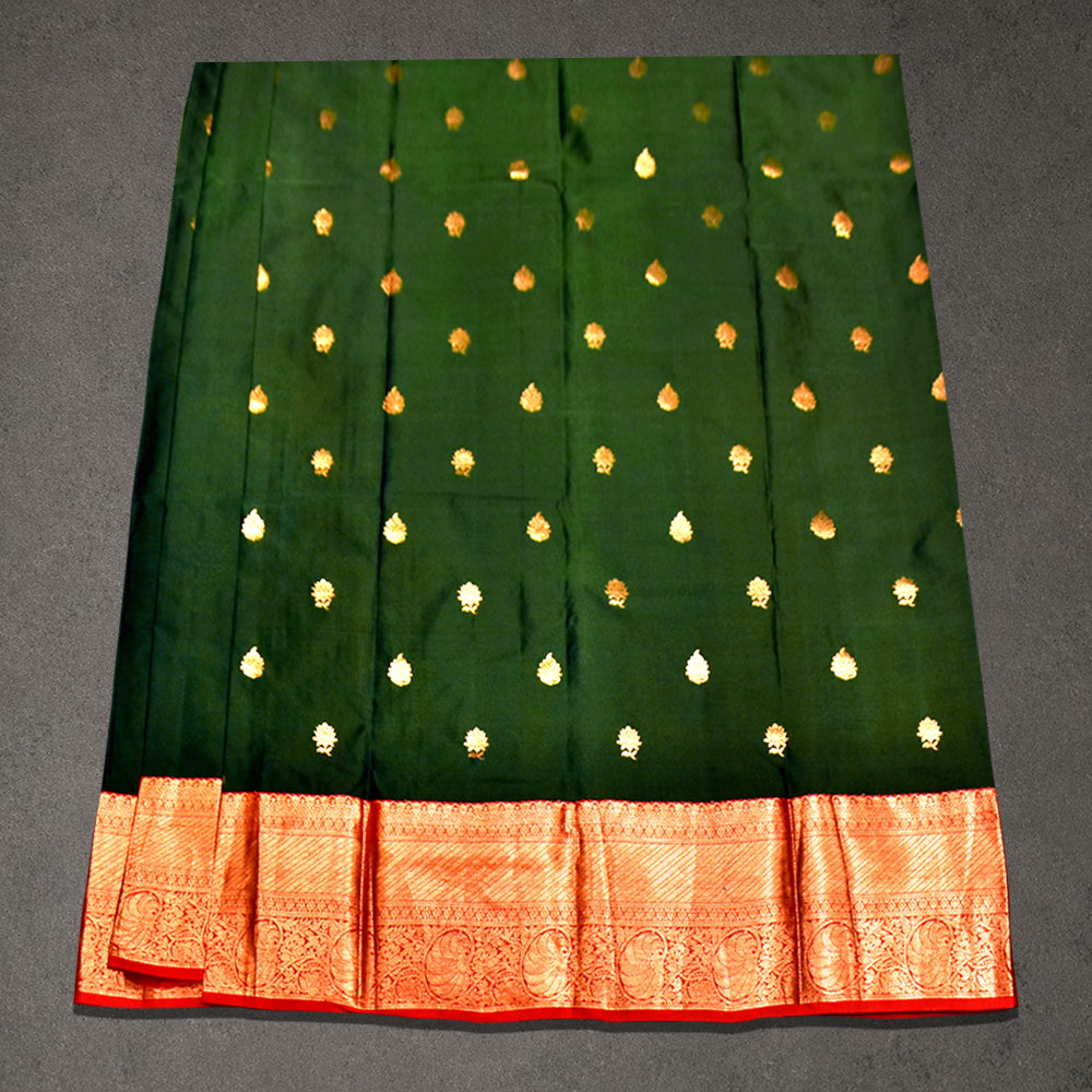 Dark Green Semi Silk Saree with Gold Buttas and Copper Zari Border