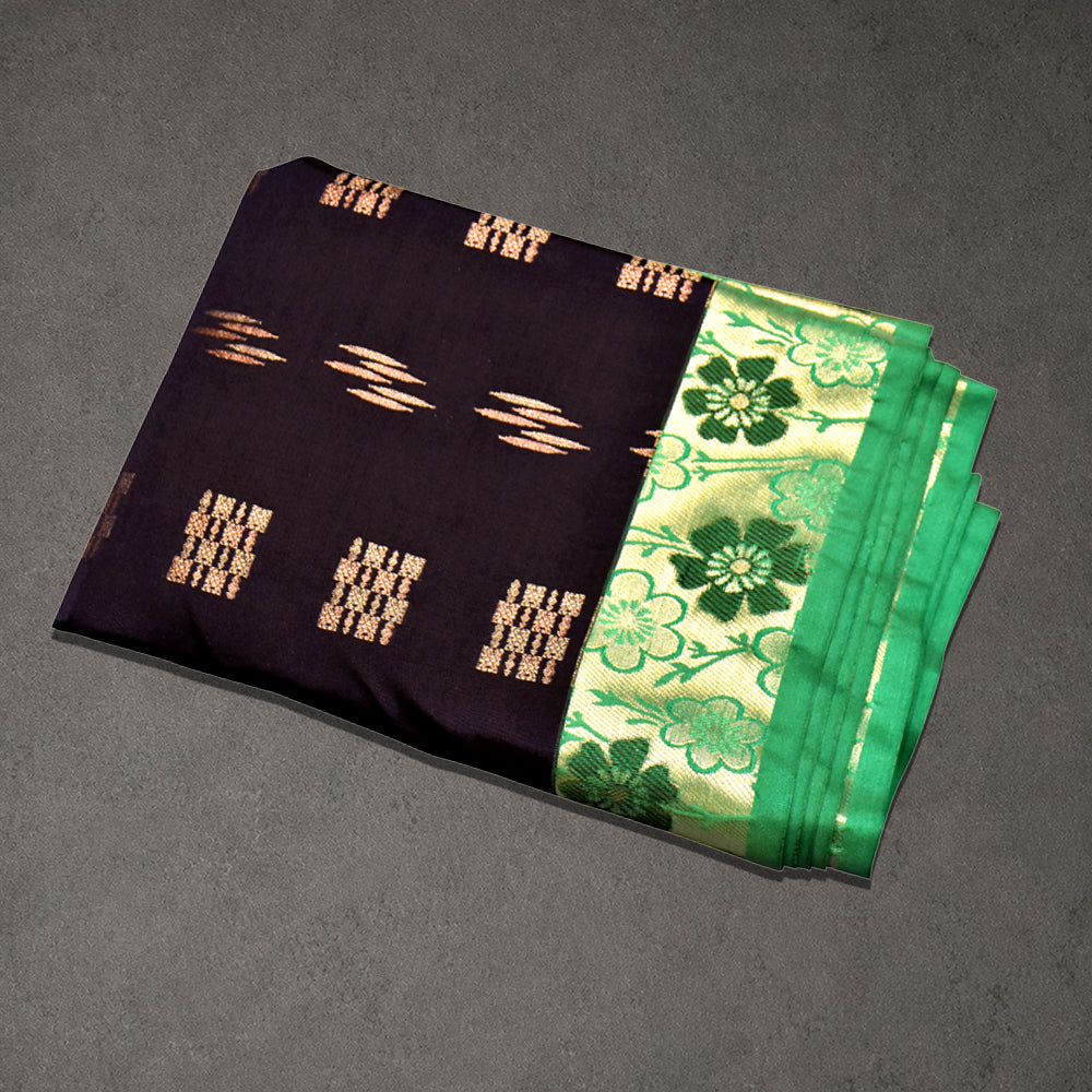 Purple and Green Semi Silk Jacquard Saree with Floral Border