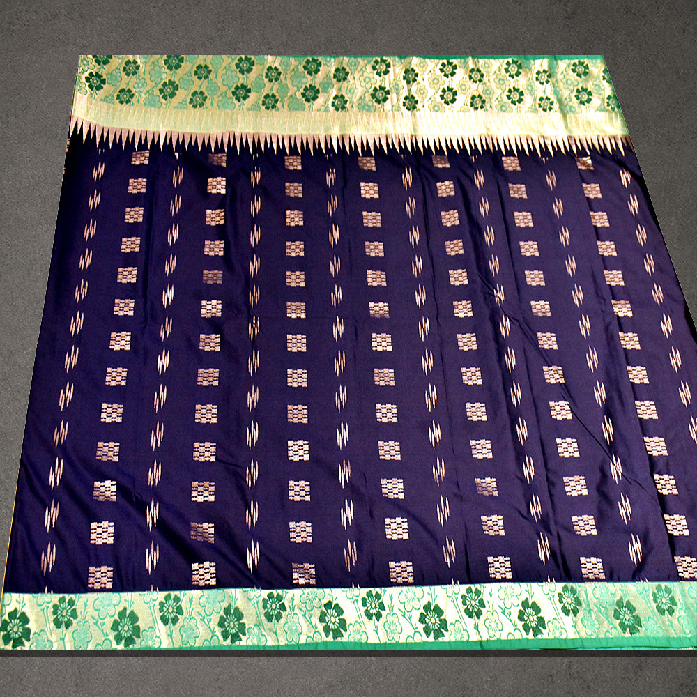 Purple and Green Semi Silk Jacquard Saree with Floral Border