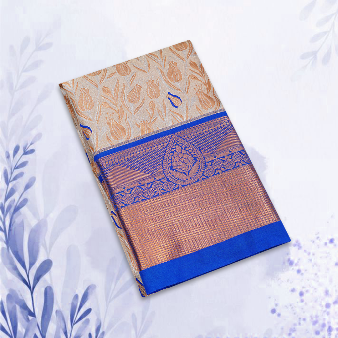 Pink & Royal Blue Art Silk Saree with Zari Floral Motifs and Rich Korvai Border