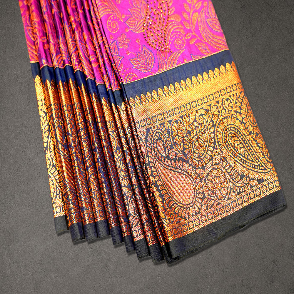 Magenta and Orange Art Silk Saree with Zari Border
