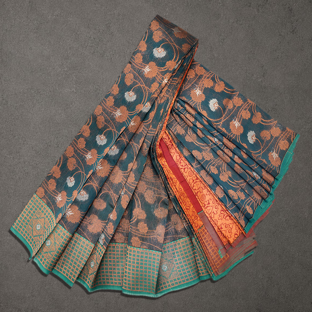 Coffee Brown Silk Cotton Saree with Floral Self Design and Contrast Border