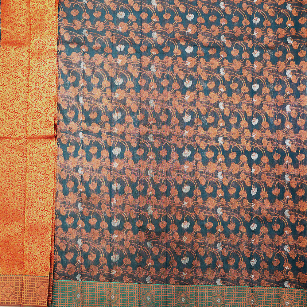 Coffee Brown Silk Cotton Saree with Floral Self Design and Contrast Border