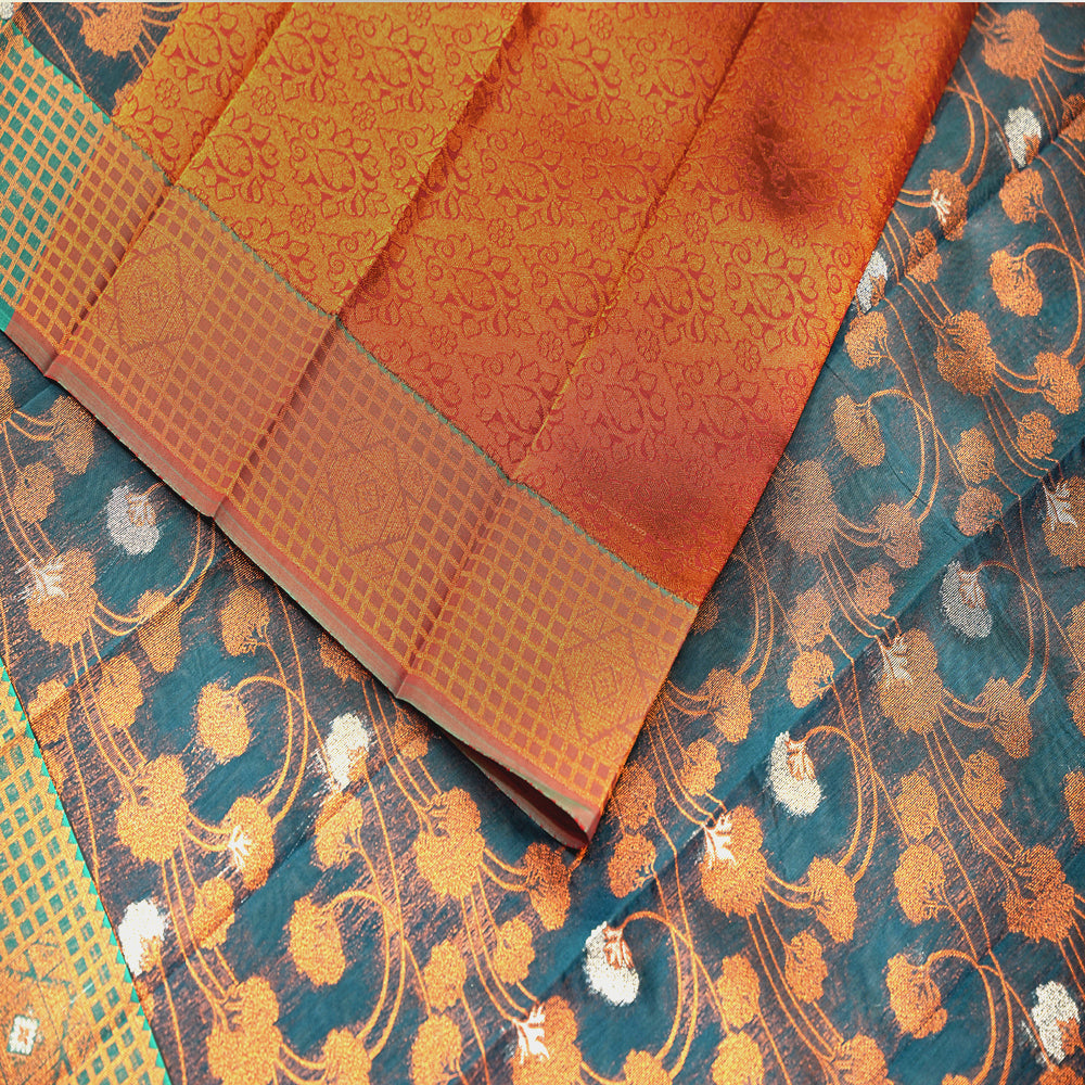 Coffee Brown Silk Cotton Saree with Floral Self Design and Contrast Border