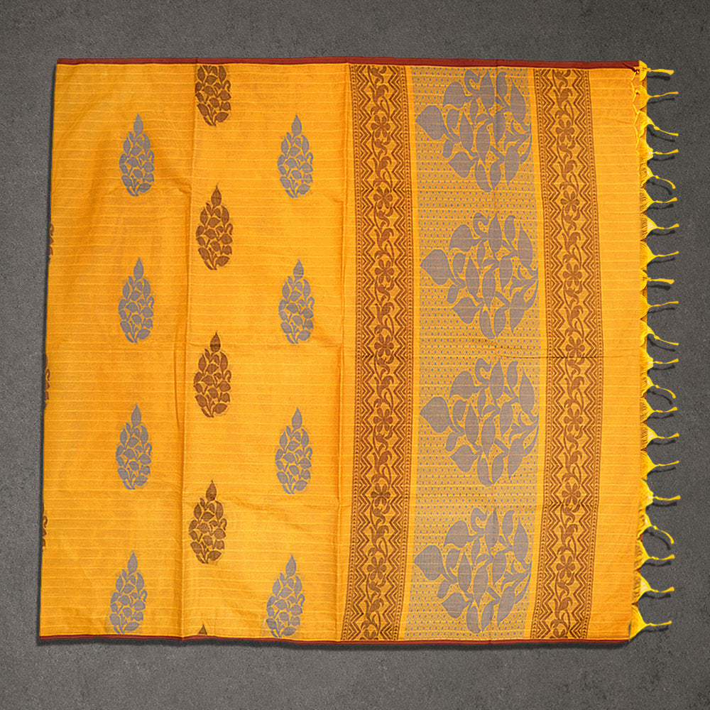Yellow Cotton Saree with Floral Motif Body and Jacquard Border