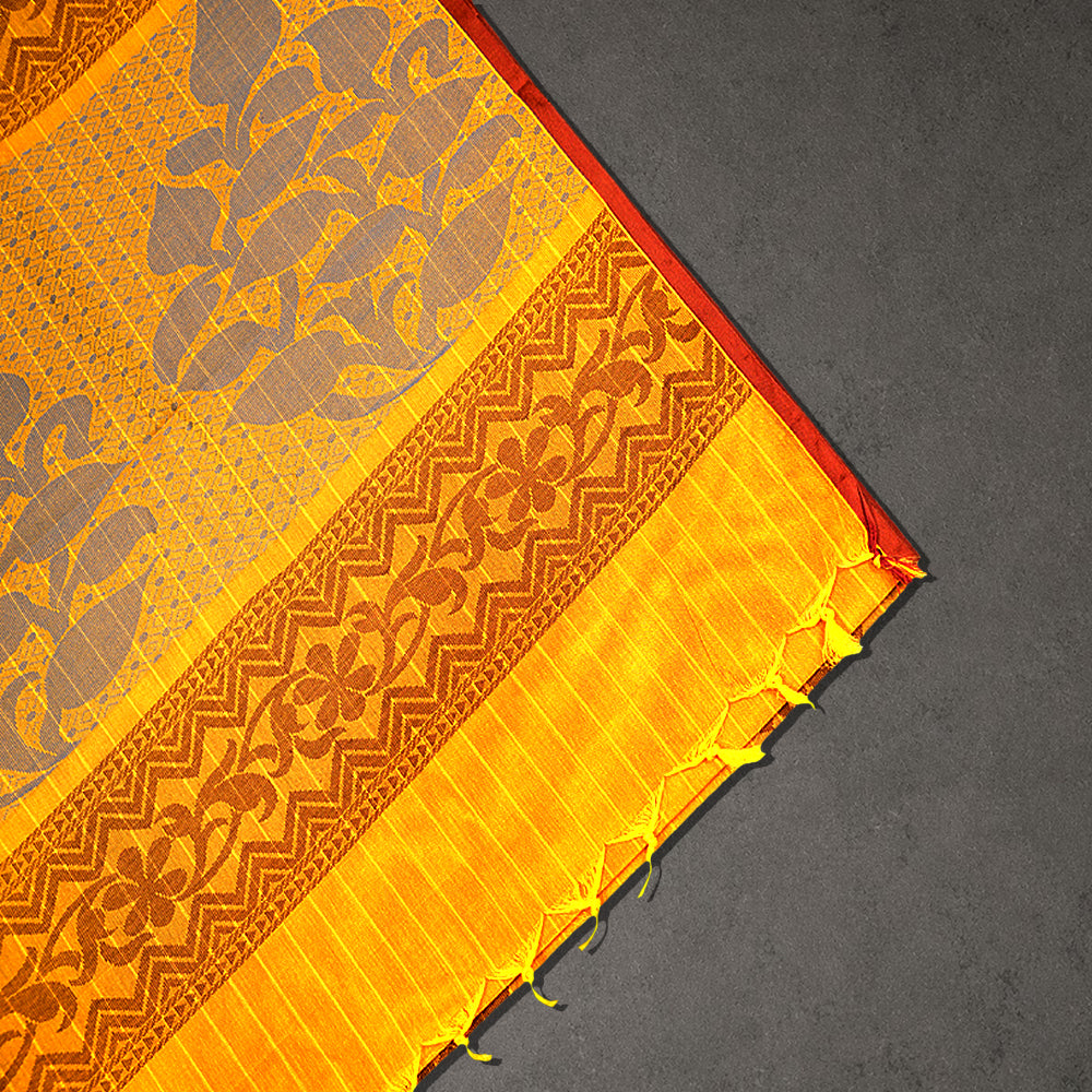 Yellow Cotton Saree with Floral Motif Body and Jacquard Border