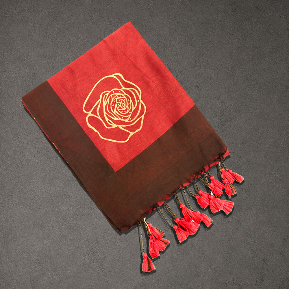 Red and Brown Fancy Cotton Saree with Rose Motif Print
