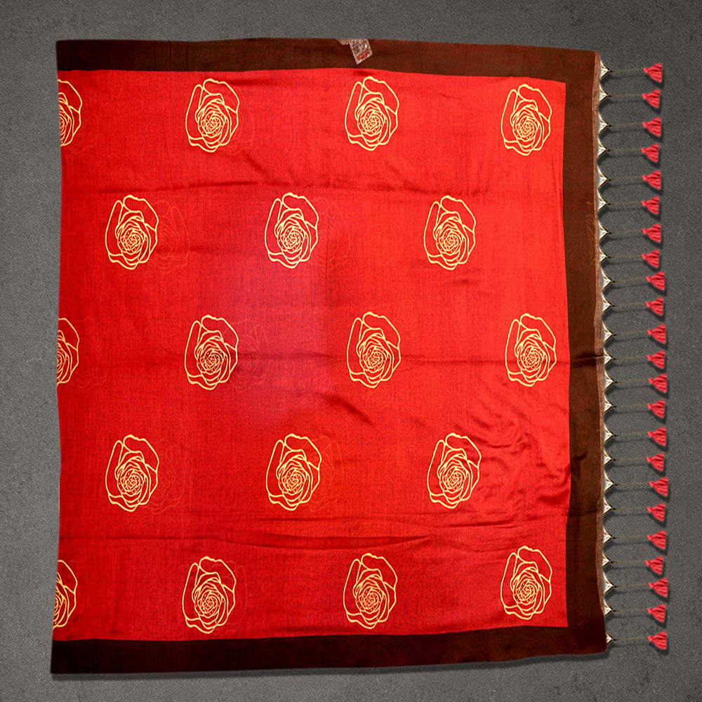 Red and Brown Fancy Cotton Saree with Rose Motif Print