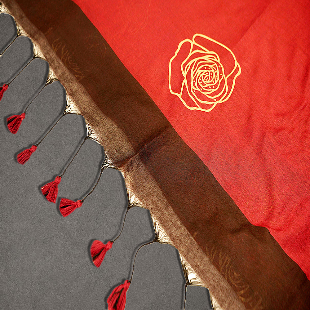 Red and Brown Fancy Cotton Saree with Rose Motif Print