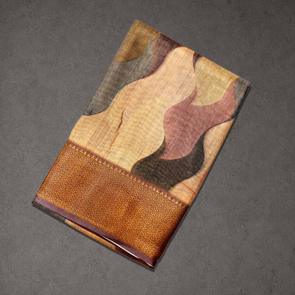 Beige Multicolor Fancy Print Synthetic Saree with Zari Border