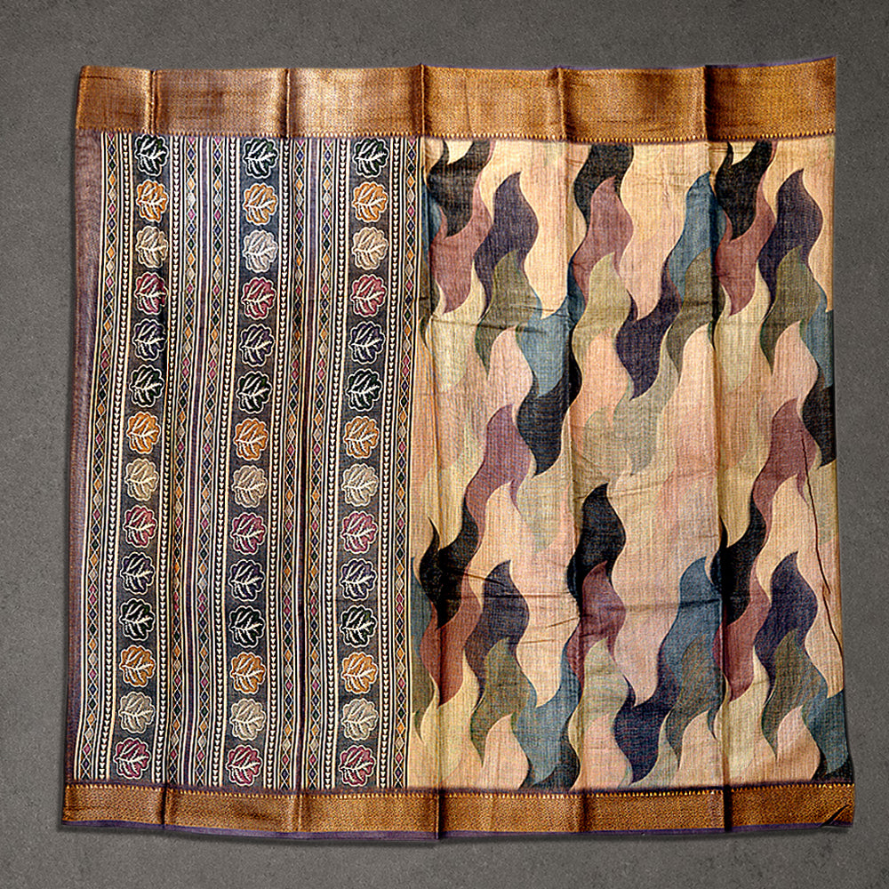 Beige Multicolor Fancy Print Synthetic Saree with Zari Border