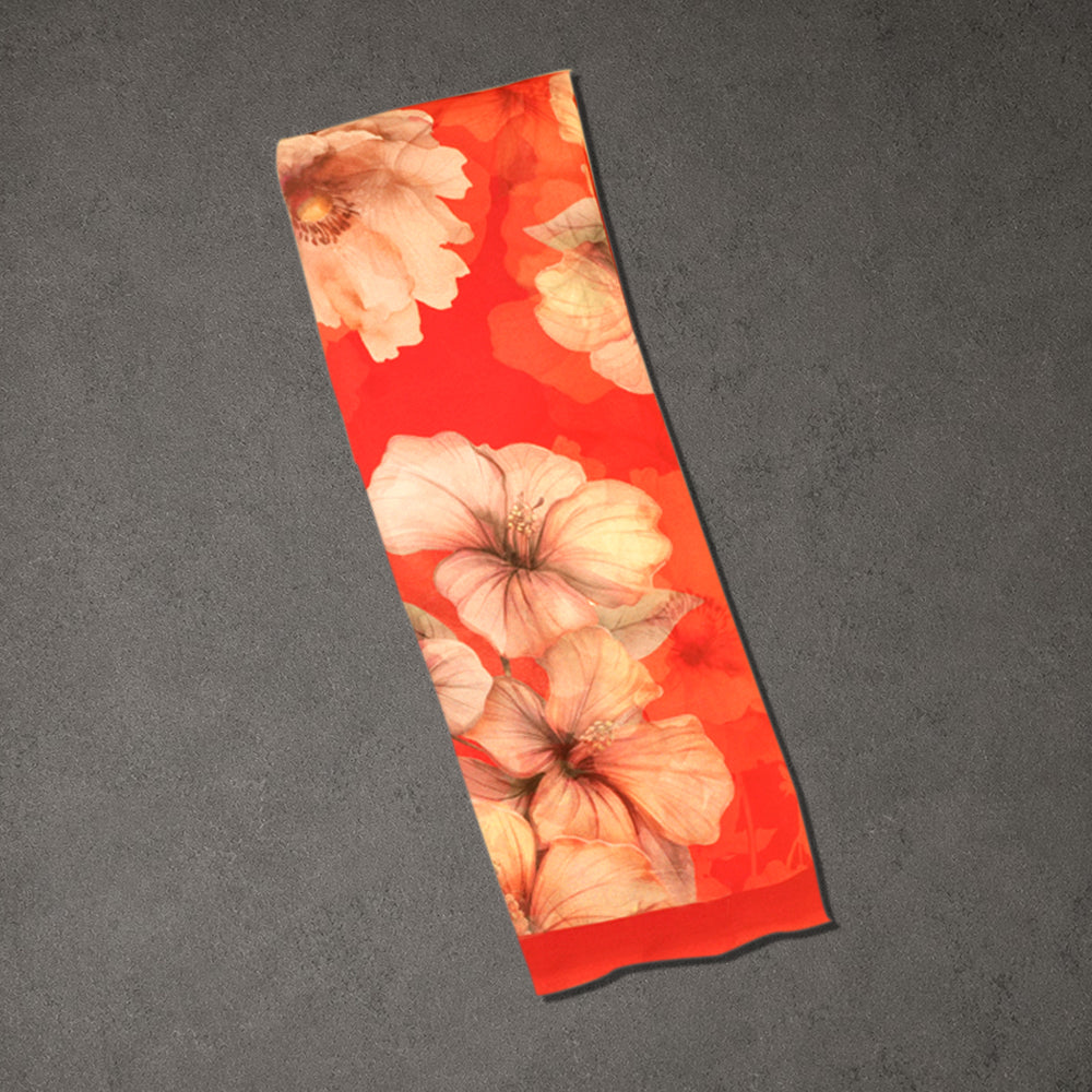 Red Floral Printed Creap Saree with Striped Border