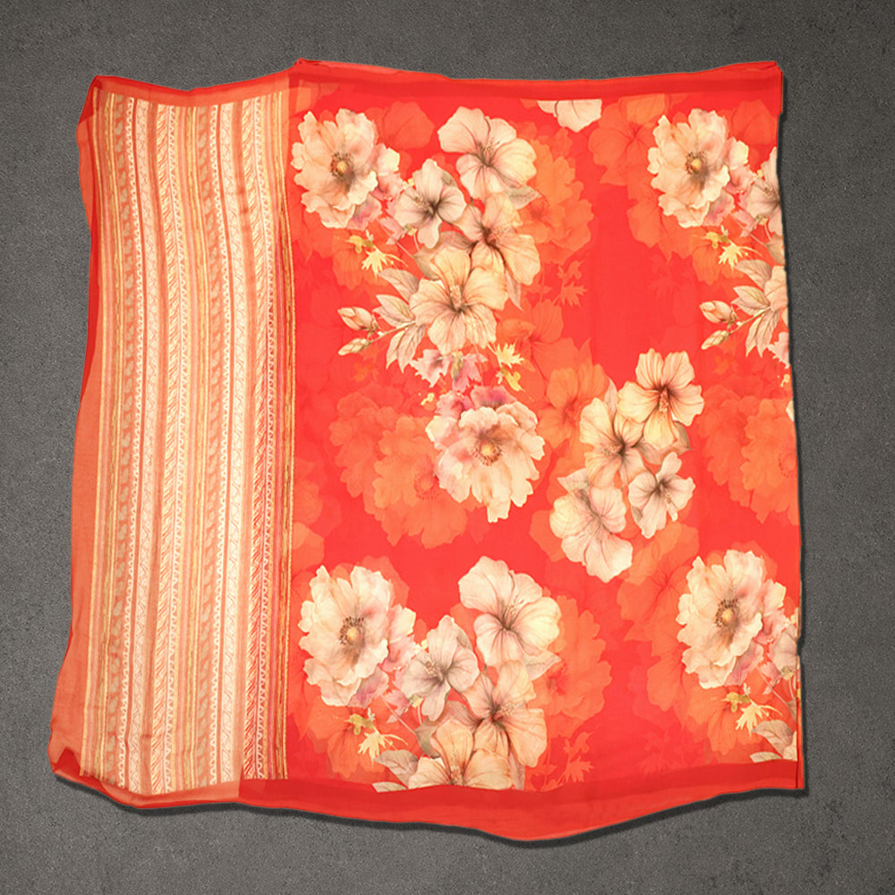 Red Floral Printed Creap Saree with Striped Border