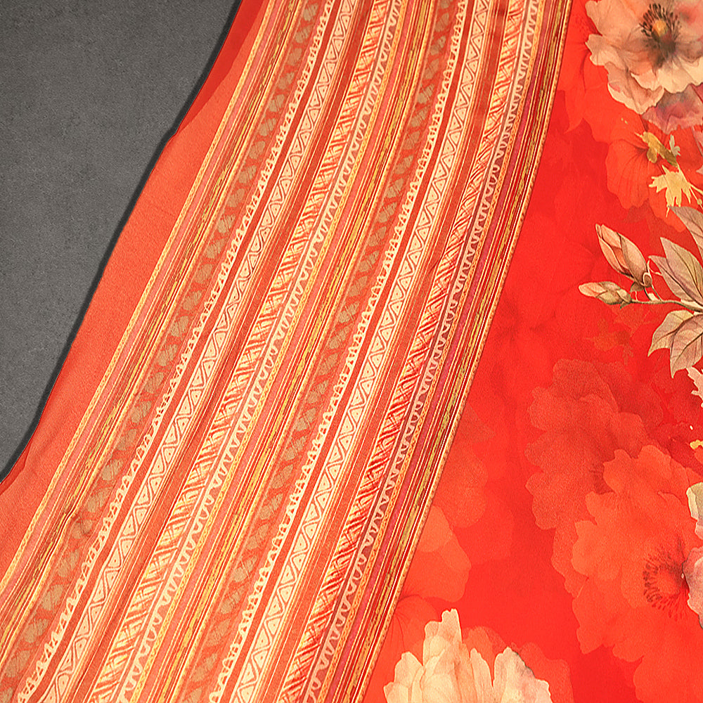 Red Floral Printed Creap Saree with Striped Border