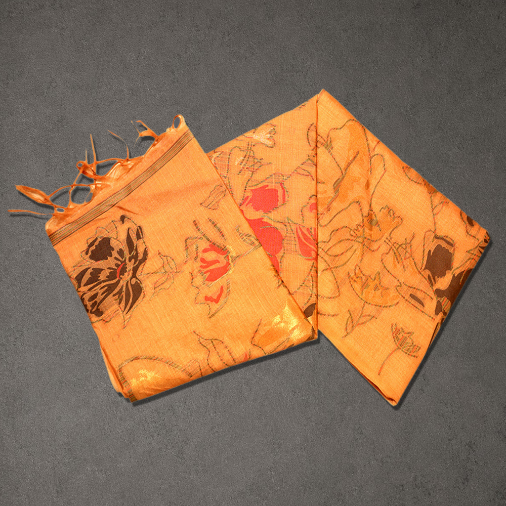 Orange Floral Printed Fancy Saree