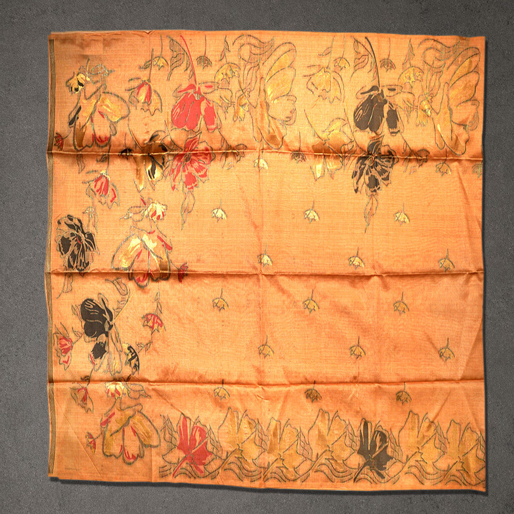 Orange Floral Printed Fancy Saree