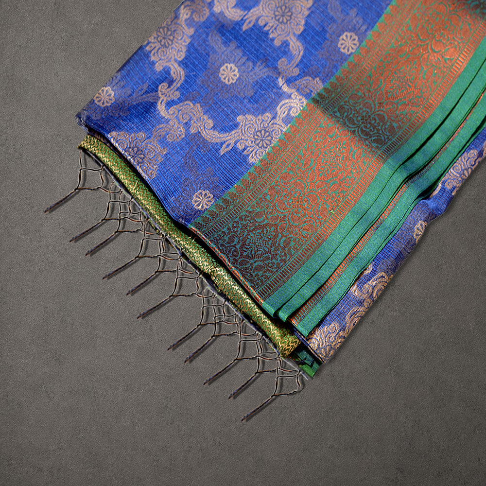 Blue Manipuri Fancy Saree with Green and Orange Border