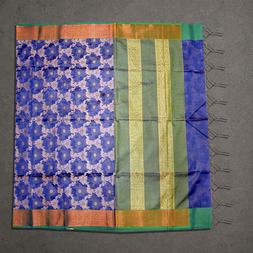 Blue Manipuri Fancy Saree with Green and Orange Border