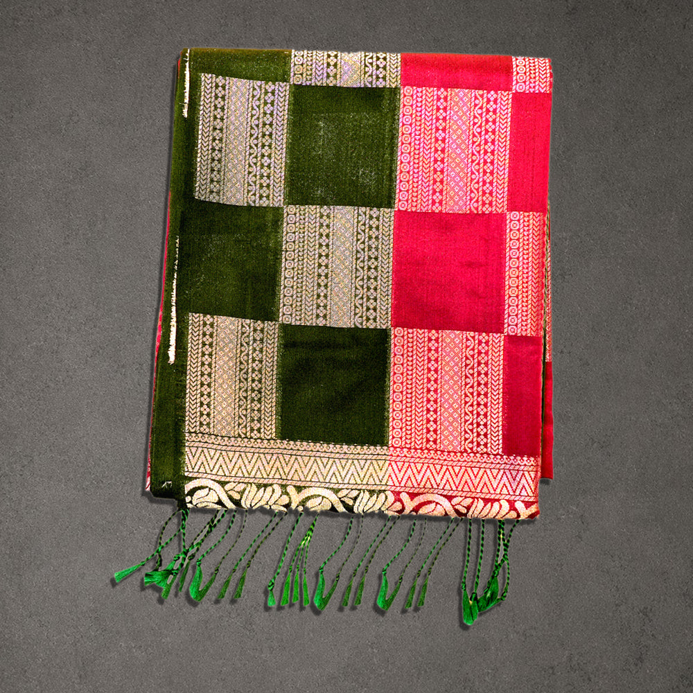 Green and Pink Soft Silk Saree with Check Body and Zari Border