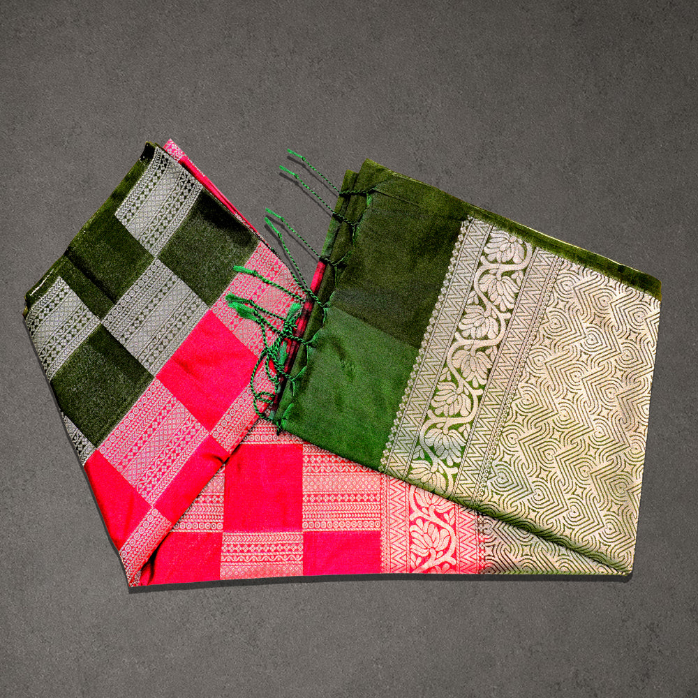 Green and Pink Soft Silk Saree with Check Body and Zari Border