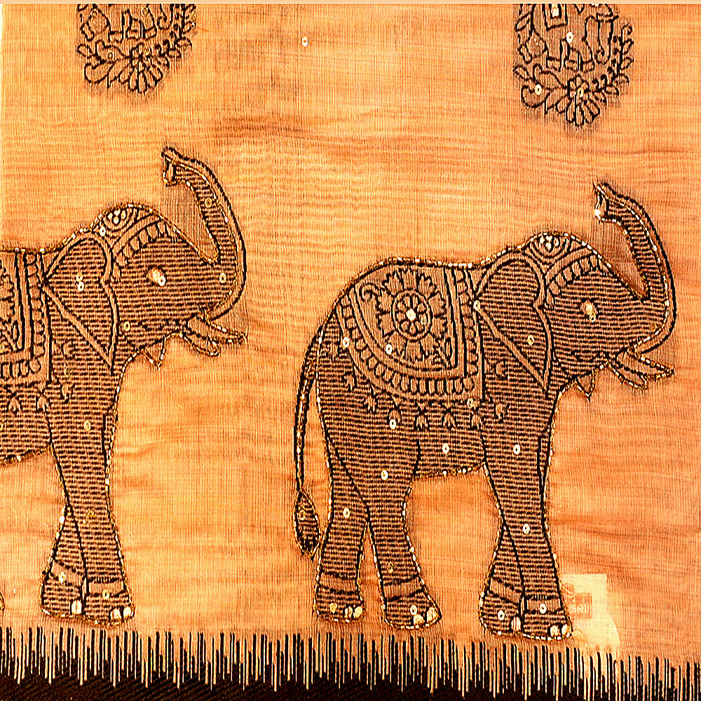 Peach Cotton Fancy Saree with Elephant Motif Border