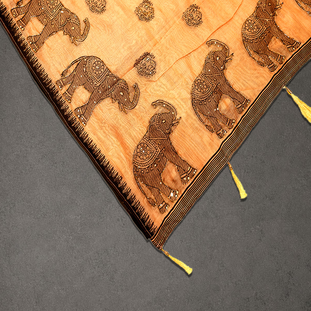 Peach Cotton Fancy Saree with Elephant Motif Border