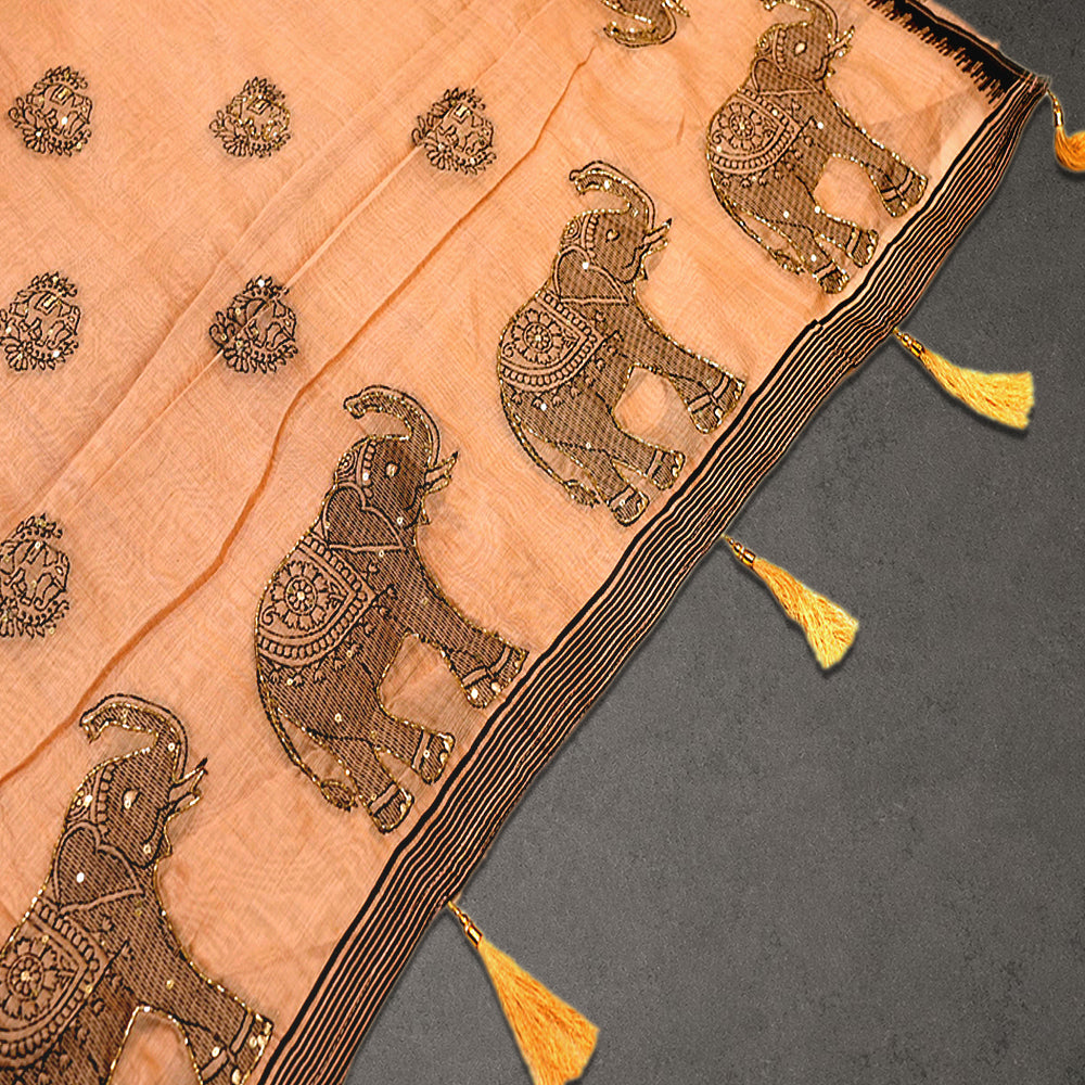 Peach Cotton Fancy Saree with Elephant Motif Border