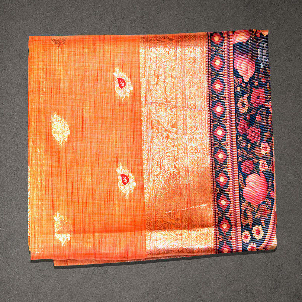 Orange Art Silk Saree with Peacock Printed Pallu
