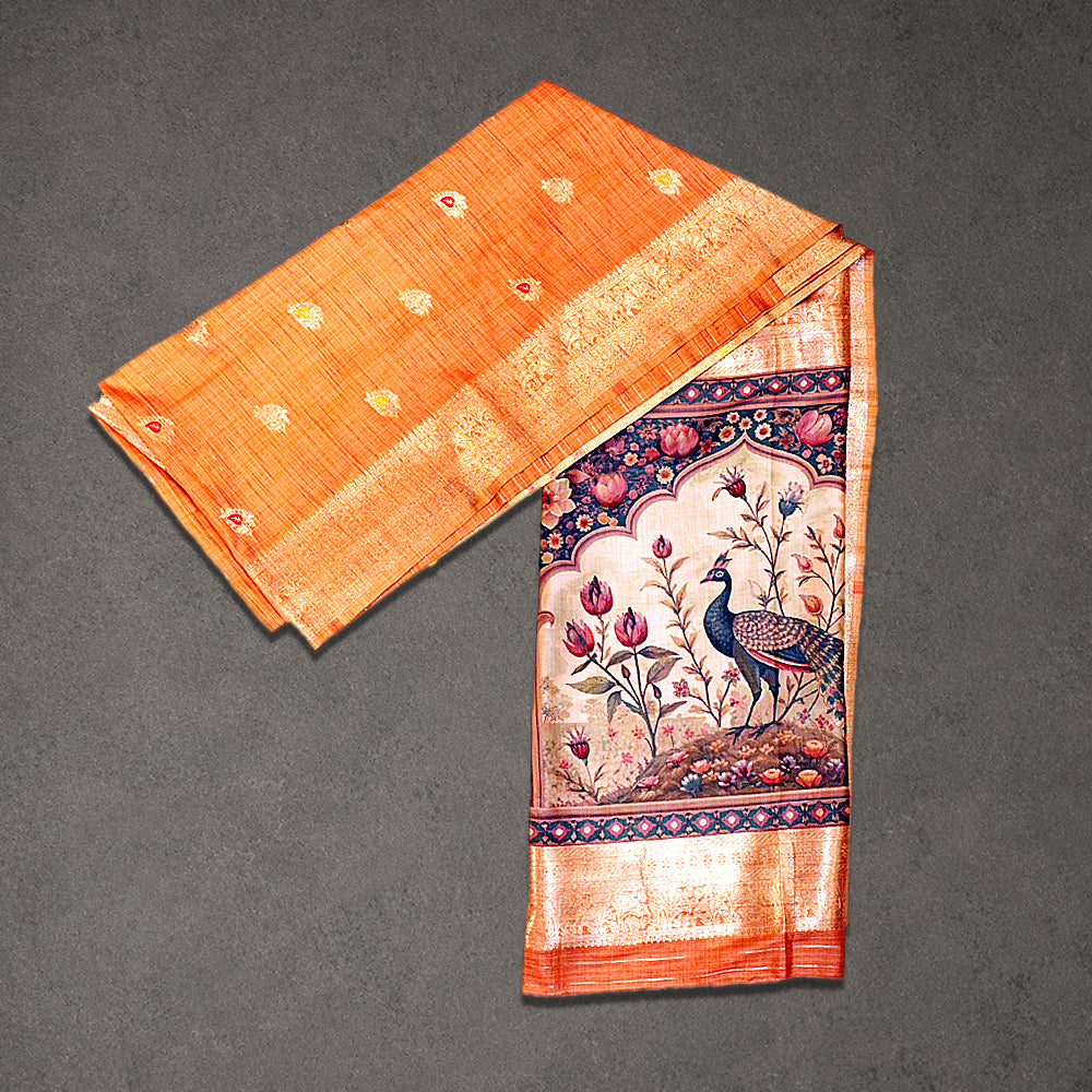 Orange Art Silk Saree with Peacock Printed Pallu