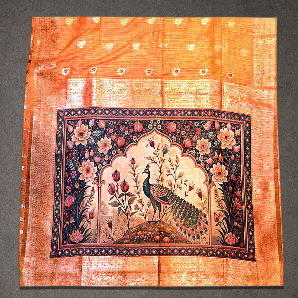 Orange Art Silk Saree with Peacock Printed Pallu