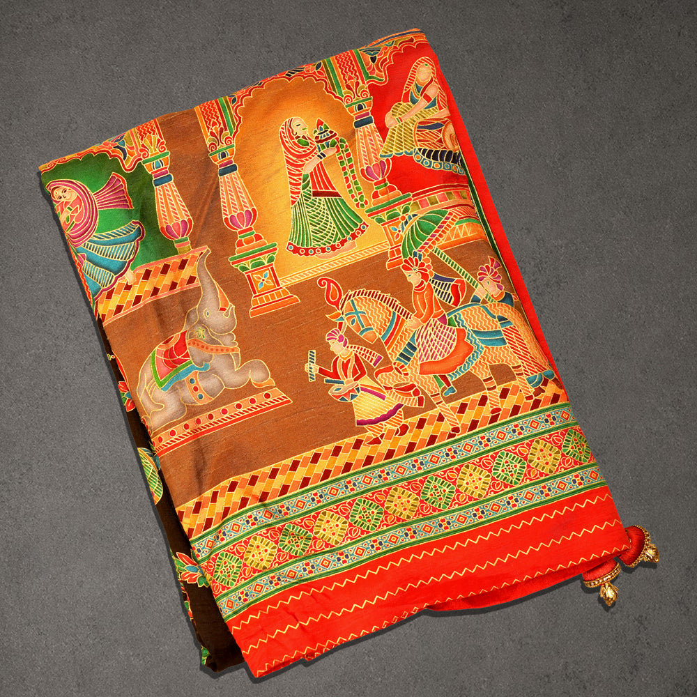 Red Printed Cotton Saree with Temple Border and Pallu Art