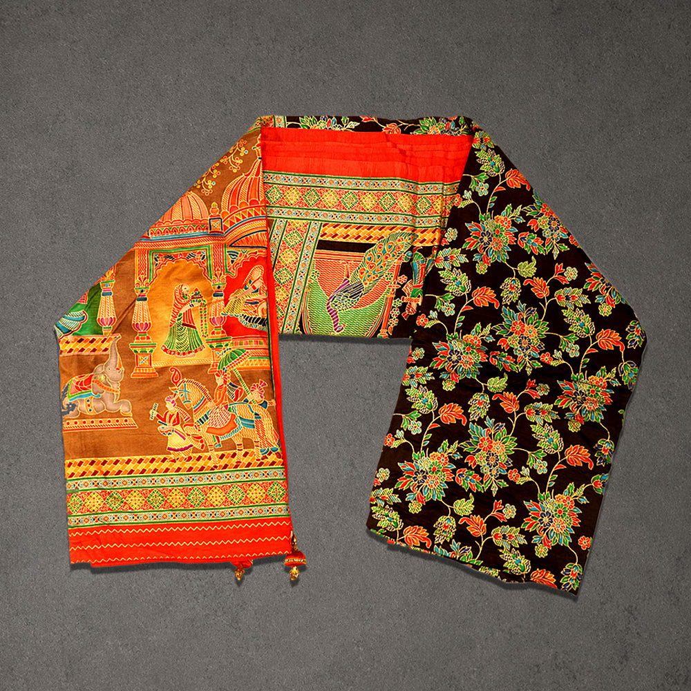 Red Printed Cotton Saree with Temple Border and Pallu Art