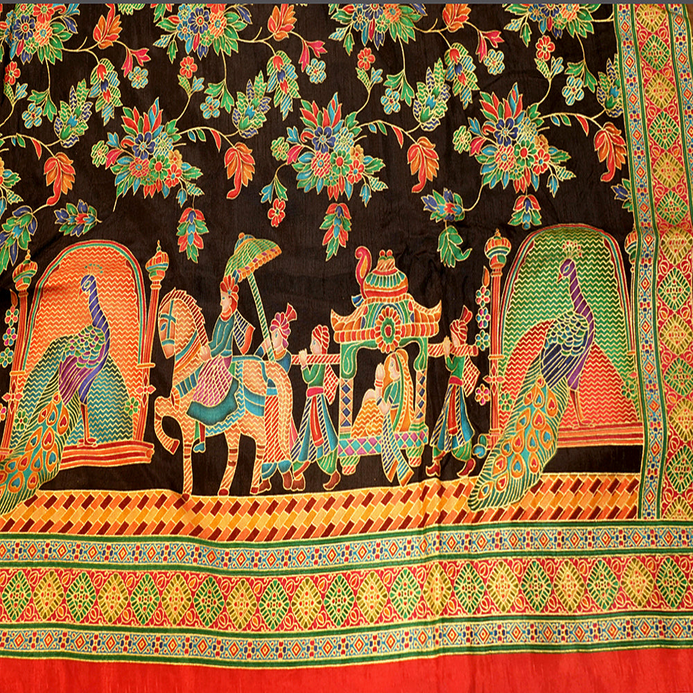 Red Printed Cotton Saree with Temple Border and Pallu Art