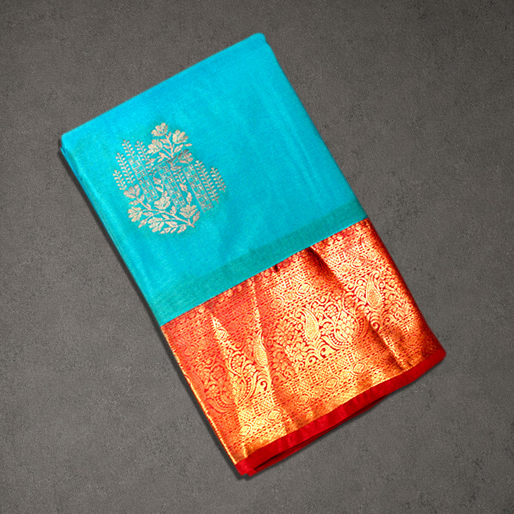 Turquoise Blue and Pink Semi Silk Saree with Rich Zari Border