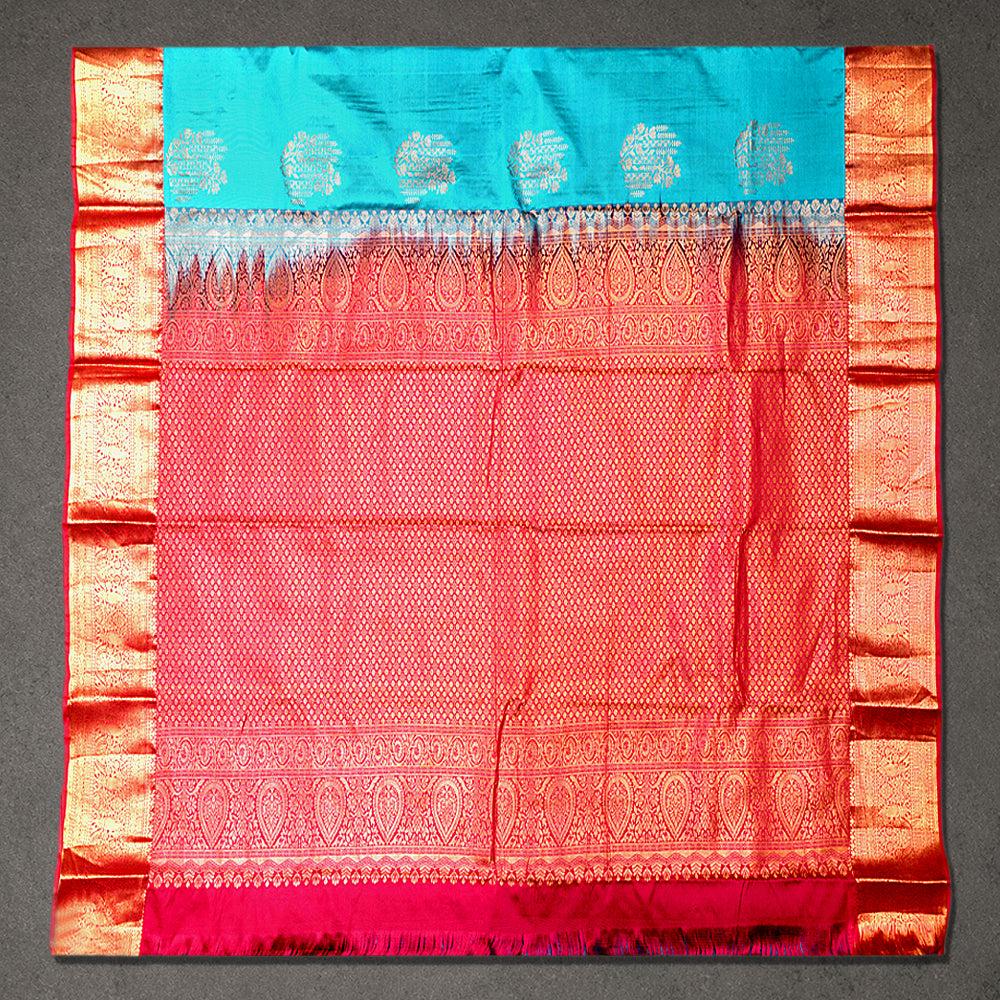 Turquoise Blue and Pink Semi Silk Saree with Rich Zari Border
