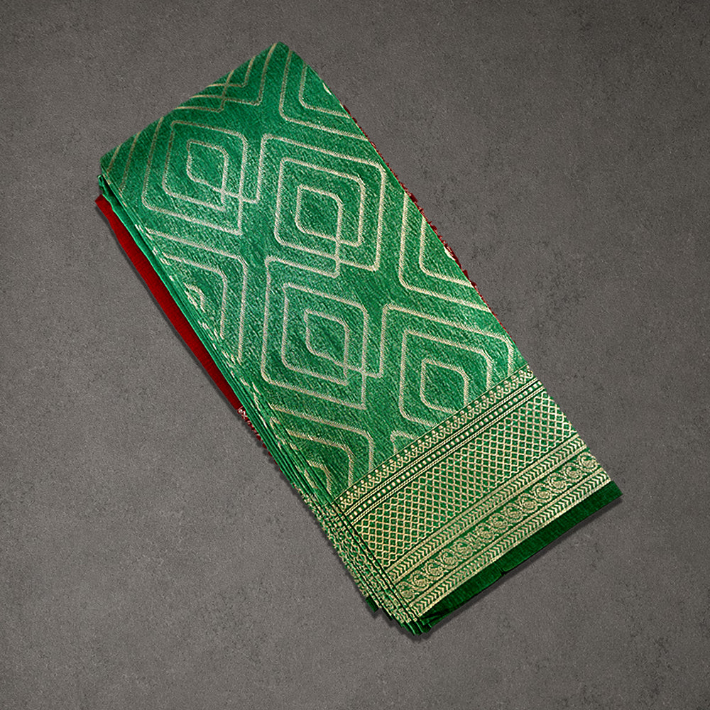 Green Silk Cotton Saree with Kotta Jari Self Design and Contrast Red Border