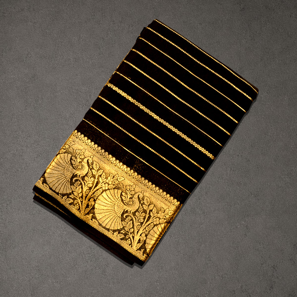 Black Cotton Crape Saree with Gold Stripes and Peacock Border